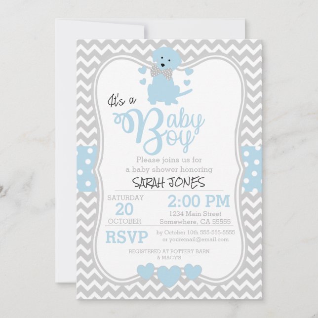Invitation Baby shower de chiot bleu bébé (Devant)