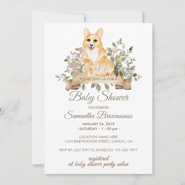 Invitation Baby shower de chiot gallois Corgi (Devant)