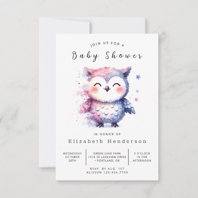 Invitation Baby shower de chouette gracieux à imprimer (Devant)