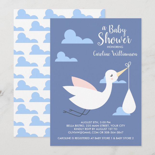 Invitation Baby shower de cigogne Baby Bundle & Cl (Devant / Derrière)