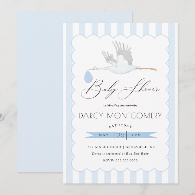 Invitation Baby shower de cigogne bleu (Devant / Derrière)