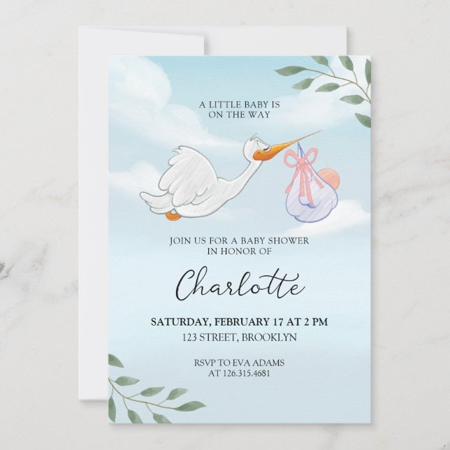 Invitation Baby shower de cigogne bleu et blanc (Devant)