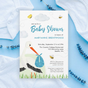 Invitation Baby shower de cigogne bleue mignonne