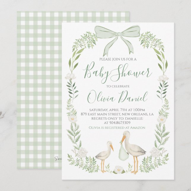 Invitation Baby shower de cigogne Preppy Coquette Sage Green (Devant / Derrière)