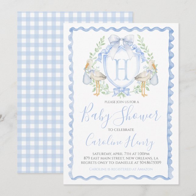 Invitation Baby shower de cigogne Preppy En vichy bleu (Devant / Derrière)