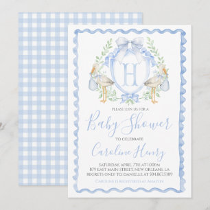 Invitation Baby shower de cigogne Preppy En vichy bleu