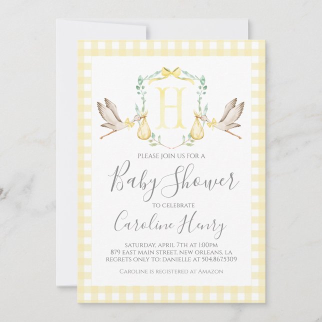 Invitation Baby shower de cigogne Preppy En vichy jaune neutr (Créateur téléchargé)