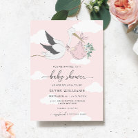 Invitation Baby shower de cigogne rose