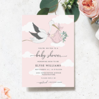 Invitation Baby shower de cigogne rose