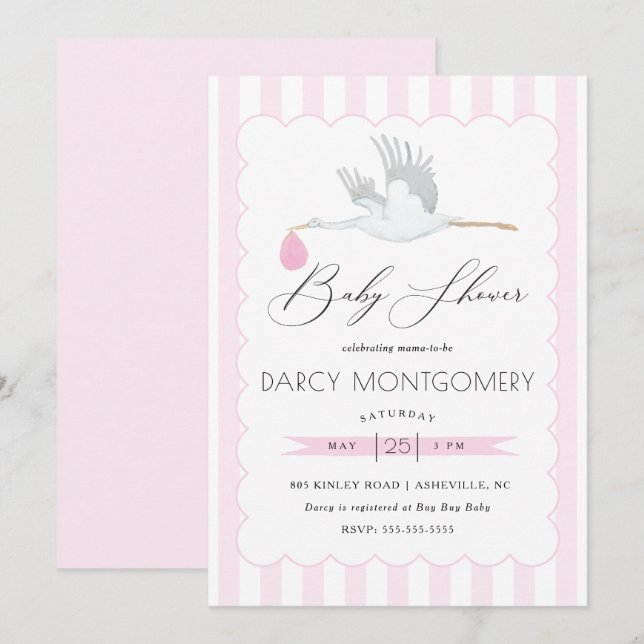 Invitation Baby shower de cigogne rose pour une pe (Devant / Derrière)