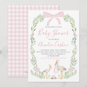 Invitation Baby shower de cigogne rose Preppy Southern Girl