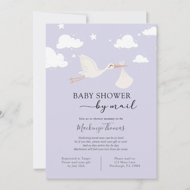 Invitation Baby shower de cigogne violet par courrier (Devant)