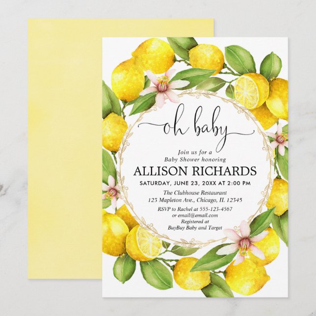 Invitation baby shower de citron, aquarelle verte citrons (Devant / Derrière)