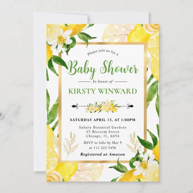 Invitation Baby shower de citrons et de fleurs aquarelles (Devant)