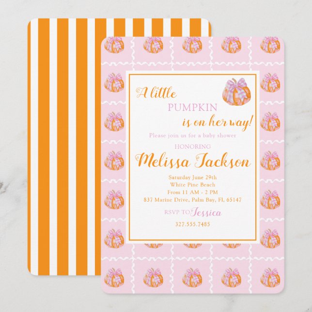 Invitation Baby shower de citrouille d'aquarelle Preppy (Devant / Derrière)