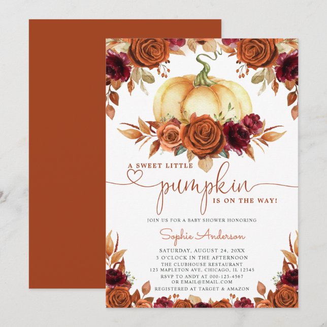 Invitation Baby shower de Citrouille Floral Bourgogne (Devant / Derrière)