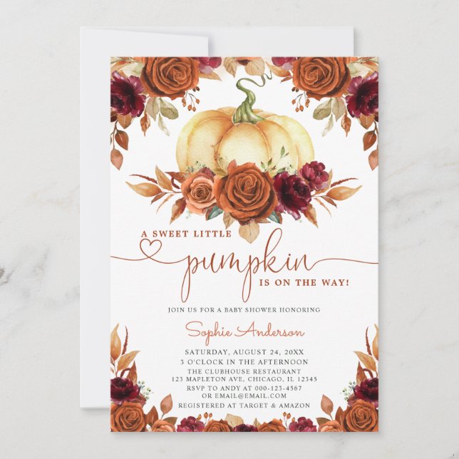 Invitation Baby shower de Citrouille Floral Bourgogne (Devant)