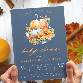Invitation Baby shower de Citrouille Floral Marine & Orange