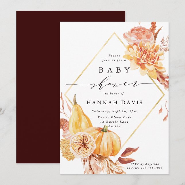 Invitation Baby shower de Citrouille Floral Rustic Fall Gold (Devant / Derrière)