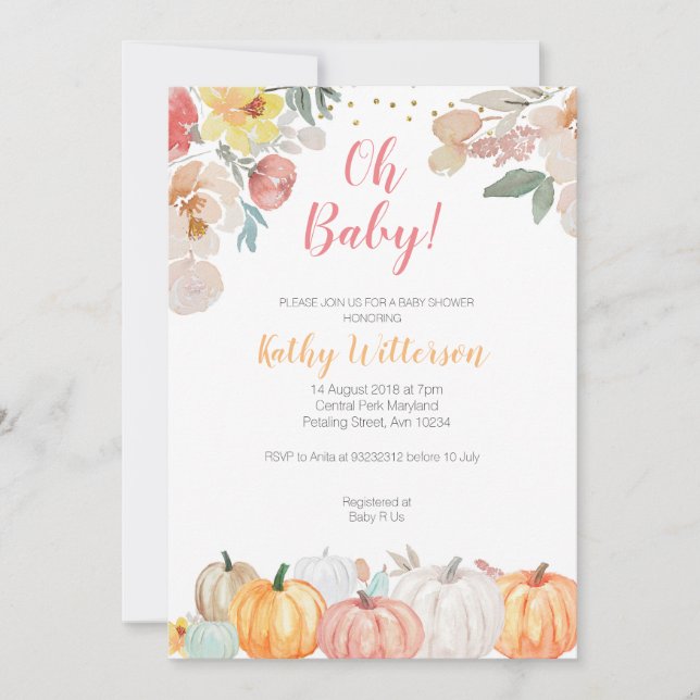 Invitation baby shower de citrouille floral rustiq (Devant)