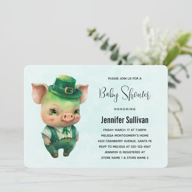 Invitation Baby shower de cochon de la Saint Patrick de la Fê (Debout devant)
