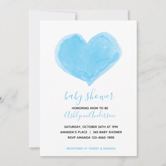 Invitation Baby shower de coeur bleu aquarelle (Devant)