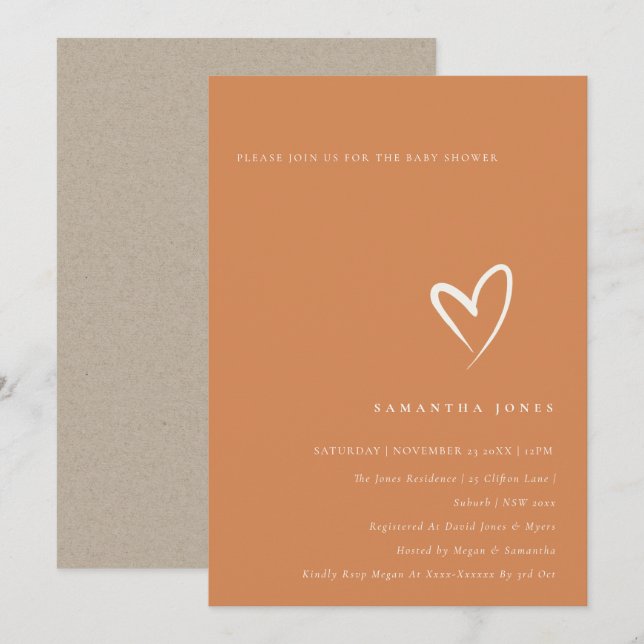 Invitation Baby shower de coeur orange brûlé à la  (Devant / Derrière)