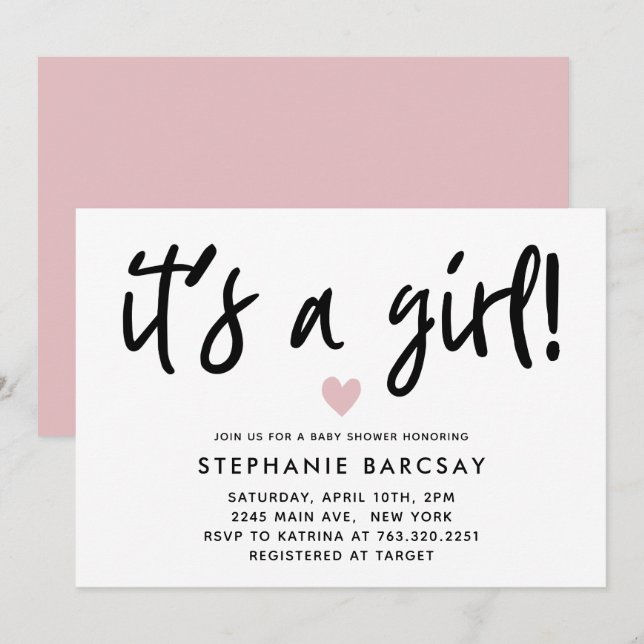 Invitation Baby shower de coeur rose moderne (Devant / Derrière)