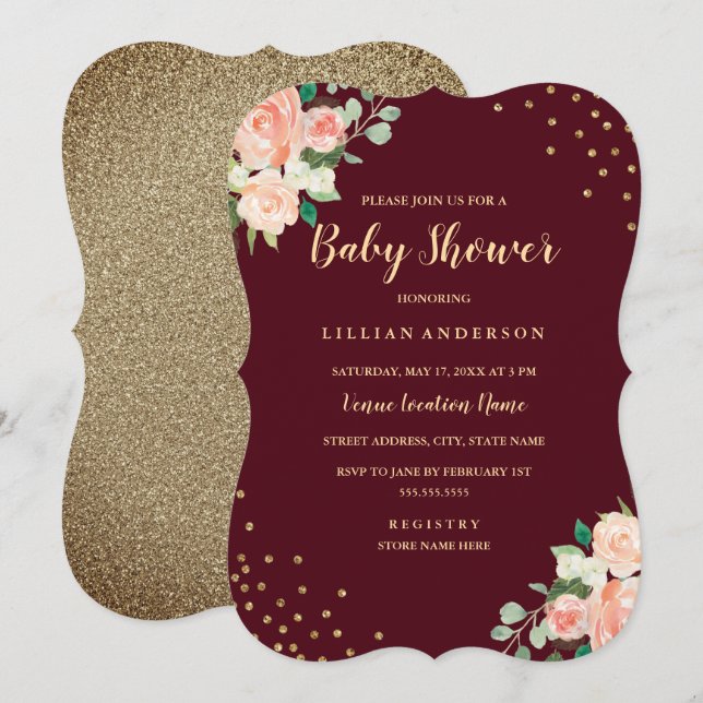 Invitation Baby shower de Confetti Floral de Pêche Bourgogne (Devant / Derrière)