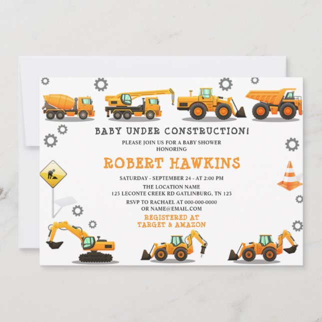 Invitation Baby shower de construction (Devant)