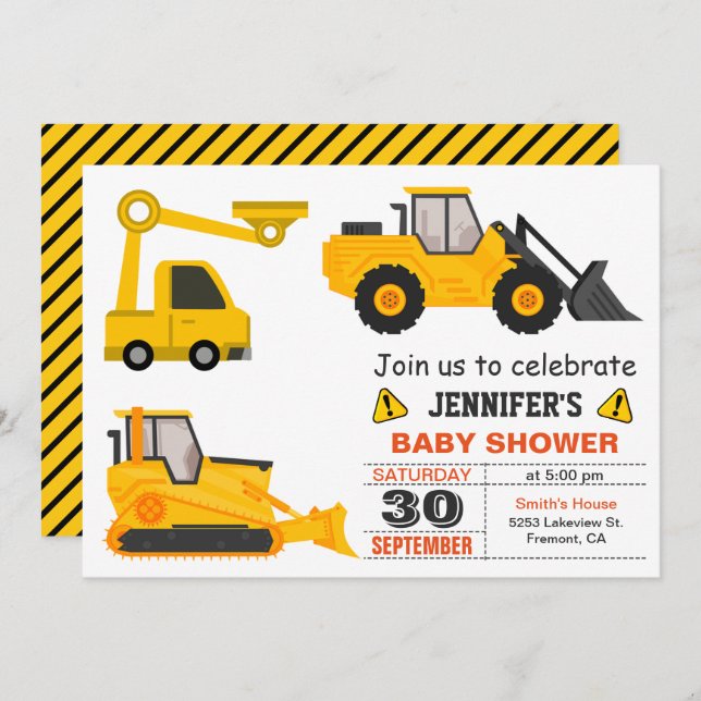 Invitation Baby shower de construction Bulldozer (Devant / Derrière)