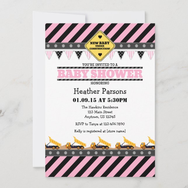 Invitation Baby shower de construction rose (Devant)
