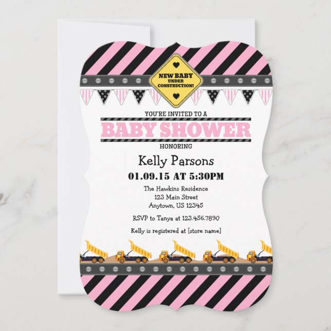 Invitation Baby shower de construction rose (Devant)