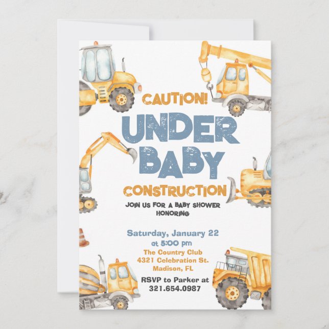 Invitation Baby shower de construction Truck Party (Devant)