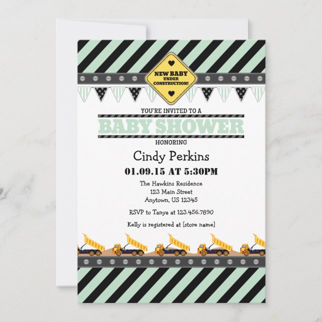 Invitation Baby shower de construction verte Mint (Devant)