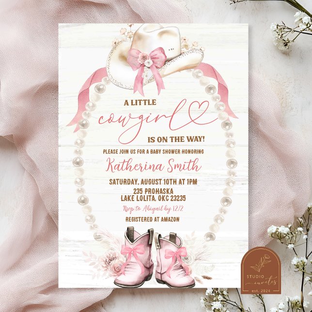 Invitation Baby shower de coquette Pearl Rose Bow (Créateur téléchargé)