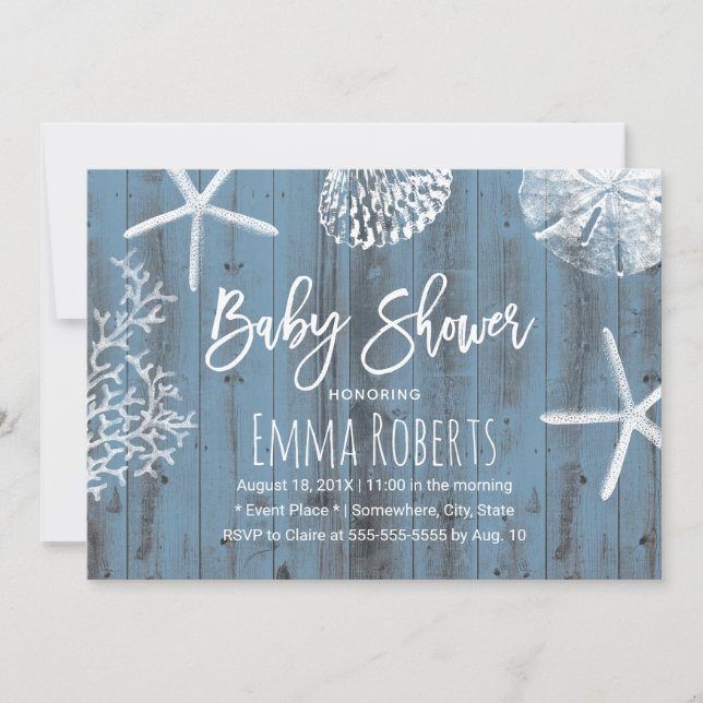 Invitation Baby shower de coquillages de plage Dusty Blue Rus (Devant)