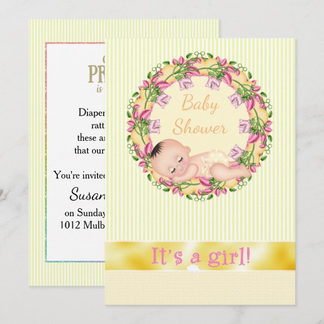 Invitation Baby shower de couchage en bande jaune (Devant / Derrière)