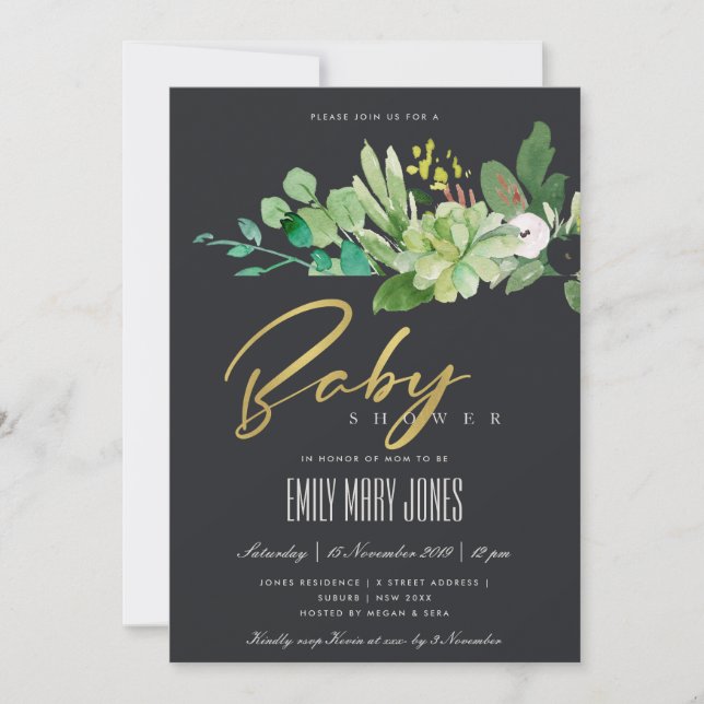 INVITATION BABY SHOWER DE COULEUR D'EAU DE FOLIAGE SUCCULENT  (Devant)