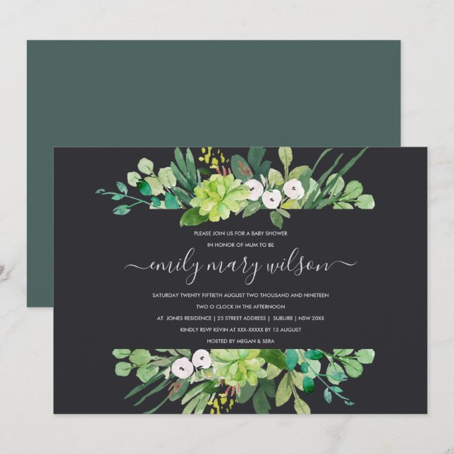 INVITATION BABY SHOWER DE COULEUR D'EAU SUCCULENTE DE RÉSERVE (Devant / Derrière)