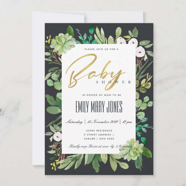 INVITATION BABY SHOWER DE COULEUR D'EAU SUCCULENTE DE RÉSERVE (Devant)