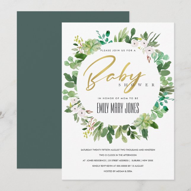 INVITATION BABY SHOWER DE COULEUR D'EAU SUCCULENTE DE RÉSERVE (Devant / Derrière)
