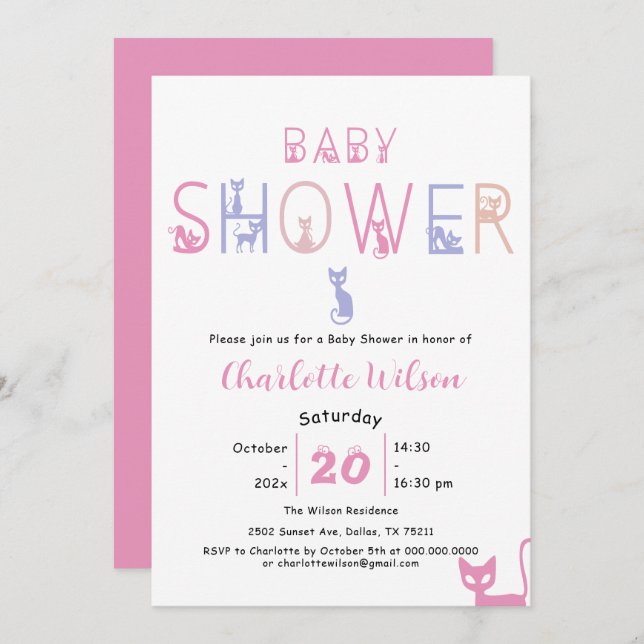 Invitation Baby shower de couleur mignonne Cat Pastel (Devant / Derrière)