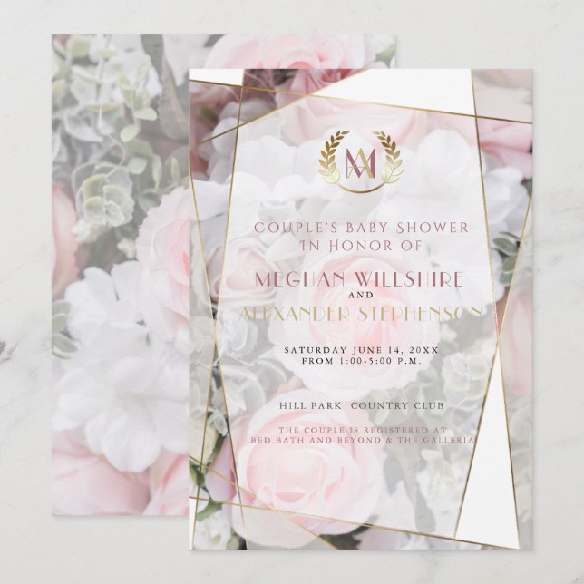 Invitation Baby shower de Couple de roses roses géométriques  (Devant / Derrière)
