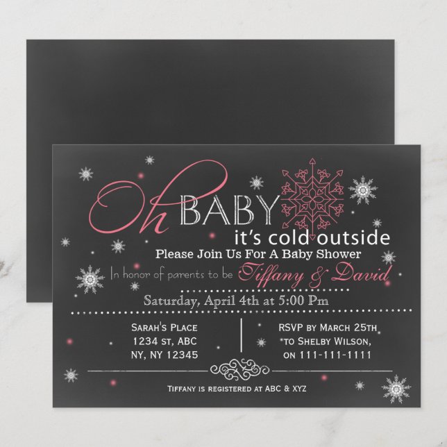 Invitation Baby shower de Couple Rose Neige hiver (Devant / Derrière)