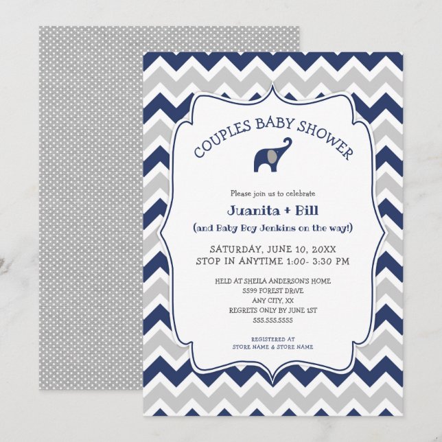 Invitation Baby shower de couples d'éléphants bleu marine (Devant / Derrière)