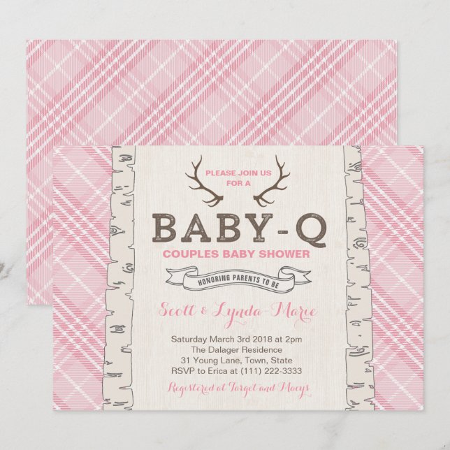 Invitation Baby shower de couples en Tartan rose pour fille (Devant / Derrière)