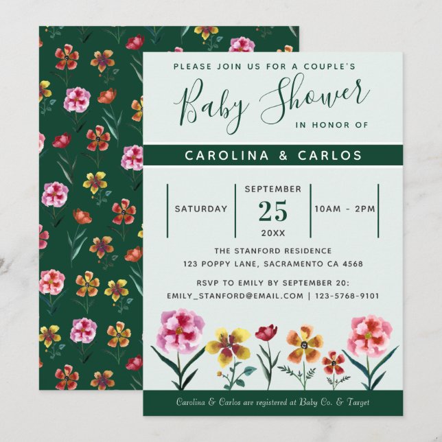 Invitation Baby shower de couples floraux neutres (Devant / Derrière)