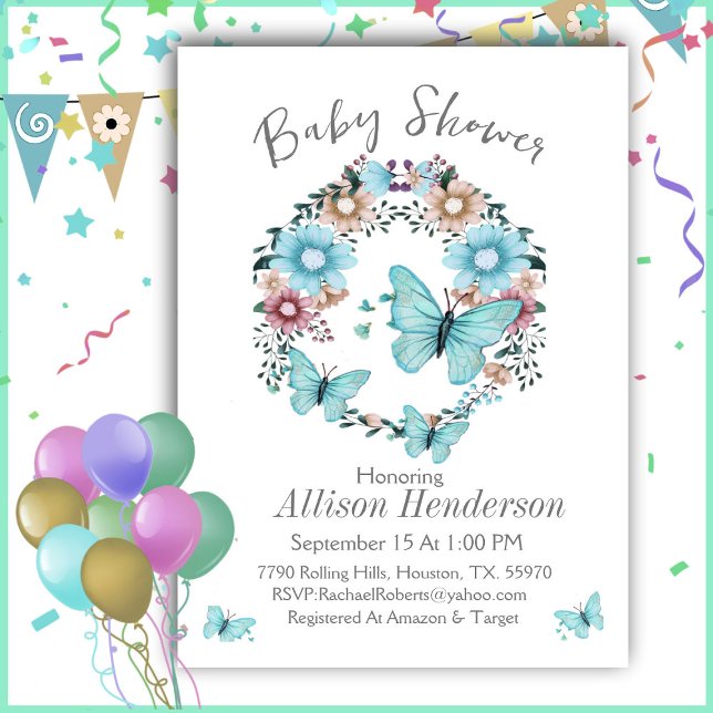 Invitation Baby shower de couronne à papillon bleu exceptionn (Créateur téléchargé)