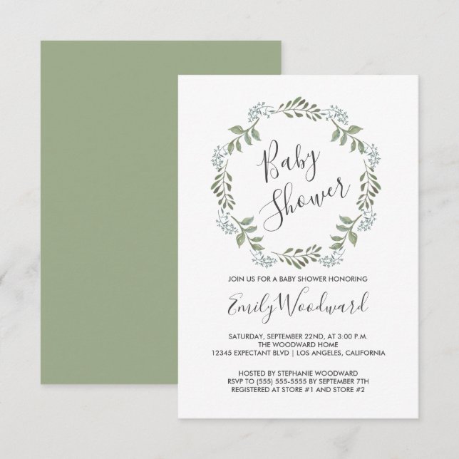 Invitation Baby shower de couronne botanique Sage Greenery (Devant / Derrière)